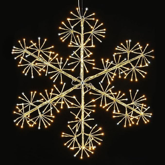 30’’ Christmas Snowflake Lights Outdoor, Pre-lit 240Pcs Warm White LEDs Hanging Golden Snowflake Decoration for Home Indoor Outdoor Window Silhouette