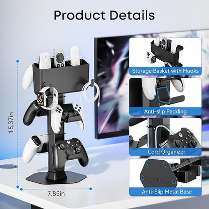 Controller Holder with Remote Control Storage Box, Headset and Controller Stand for Desk, Headphone Stand with Two Hooks for Watch Cable Key Chain, Gaming Accessories for P5/P4/Xbox/Switch