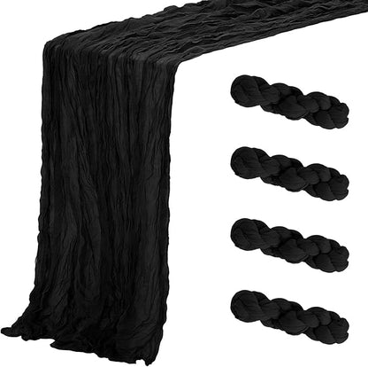 Aktor 4 Pack Black Table Runner Boho Cheesecloth Table Runner Semi Sheer Gauze Fabric Runners for Wedding Birthday Baby Shower Party Boho Table Decoration（Black）