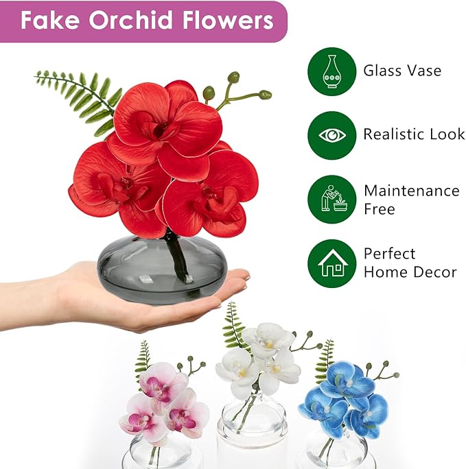 Red Orchids Artificial Flowers Faux Orchids Arrangement in Black Glass Vases Set of 3 Real Touch Phalaenopsis Orchid Flowers Small Fake Orchid Centerpiece for Dining Room Table