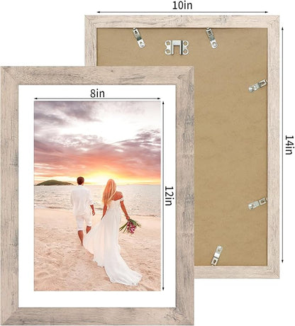 10x14 Picture Frame Set of 4 with Tempered Glass, Smoke Gray Frame Display 8x12 Picture with Mat or 10 x 14 Without Mat, Wood Rustic Photo Frames for Horizontal or Vertical Wall Mounting