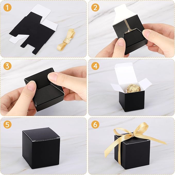 EUSOAR Favor Boxes, 120pcs 2x2x2 Inches Black Small Gift Boxes Macaron Box with Gold Ribbons, Mini Cube Soap Box Candy Storage Chocolate Truffles Container for Wedding Birthday Party DIY Favors