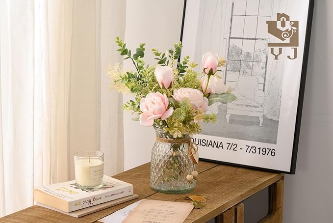 YJ Fake Flowers with Vase, Artificial Flowers Silk Roses Flower Bouquet in Vase, Faux Flower Arrangements,Farmhouse Table Decor,Table Decorations for Living Room,Coffee Table Decor(Pink)