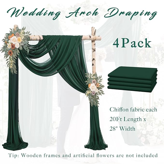 Emerald Green 4 Panels Wedding Arch Draping Fabric 20Ft Length x 28" Width Arch Drapes Chiffon Fabric Sheer Curtains Backdrop for Party Bridal Decorations Wedding Ceremony Stage Reception Decor