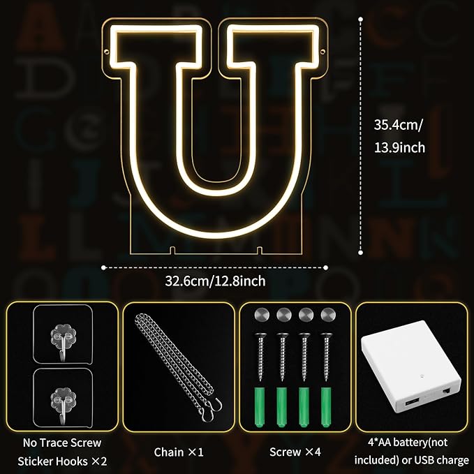 Light Up Letters U, Led Marquee Letter Lights Neon Sign, 13.9" Height Decorative Lighted Alphabet Number, Battery/USB Powered Led Letters Lights for Wedding, Birthday, Party, Christmas or Home Decor