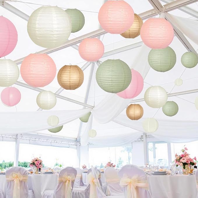Sage Green Pink Paper Lanterns Decorative 12pcs Wedding Hanging Decorations for Bridal Shower Birthday Rustic Party Neutral Baby Shower Sage Green Home Decor