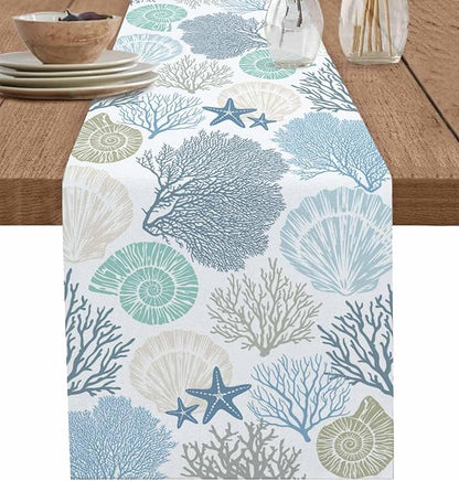 Coastal Coral Cotton Linen Table Runner for Dining Kitchen, Wedding Outdoor Party Tablerunners Decoration, Blue Nautical Starfish Ocean Shell Beach Dresser Scarf Coffee Tablecloth Runners 13x48 Inches