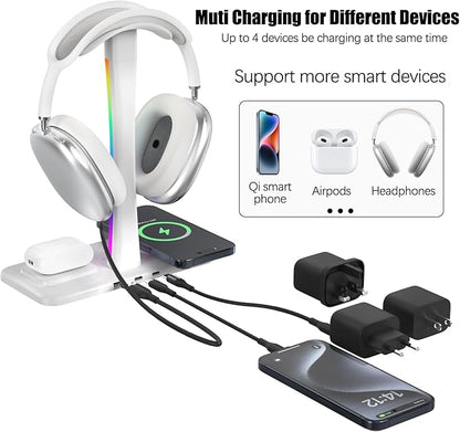 Headphone Stand with Wireless Charger,Gaming Headset Stand with RGB Light Mode,Airpod Max Stander Compatible with Airpod Pro/3/2,iPhone 16/15/14/13/12/11,Gifts for Gamers & Music Lover (White)