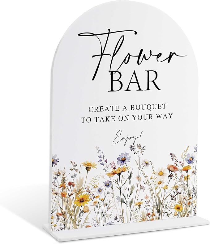 Wedding Signs for Ceremony and Reception, Boho Floral Acrylic Flower Bar Sign, Wedding Signage with Stand, Bridal Shower Table Centerpieces, Flower Bar Supplies for Engagement Reception Events, 22