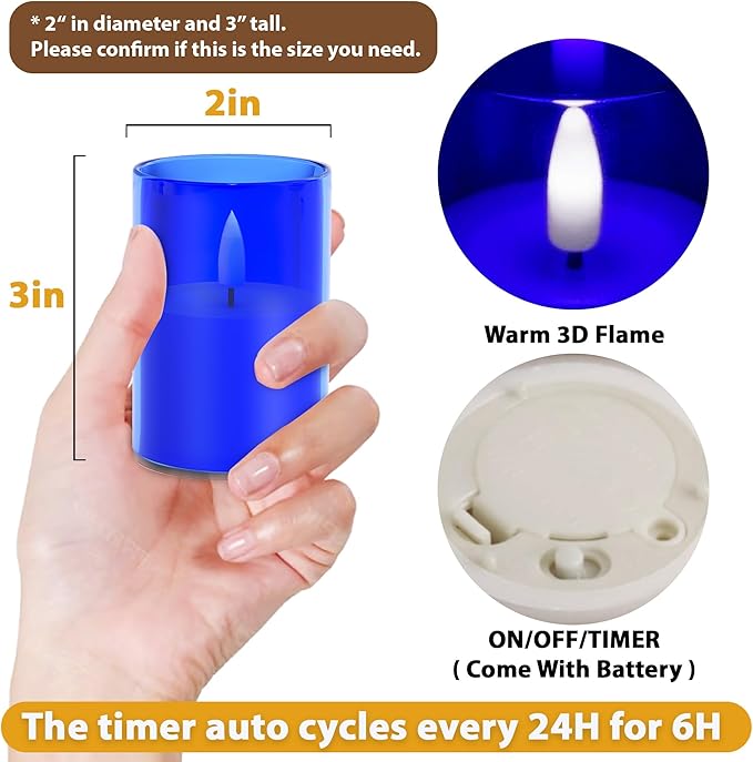 12Pack Flickering Flameless LED Candles with Timer, Battery Powered - Small Pillar & Votive, Acrylic Made, Blue (2"X3")