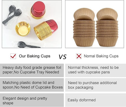Foil Cupcake Liners with Dome Lids 100Pack,Free-Air 3.5Oz Cups for Baking,Disposable Ramekins Muffin Tins Cupcake Wrappers, with Spoons-Red in gold