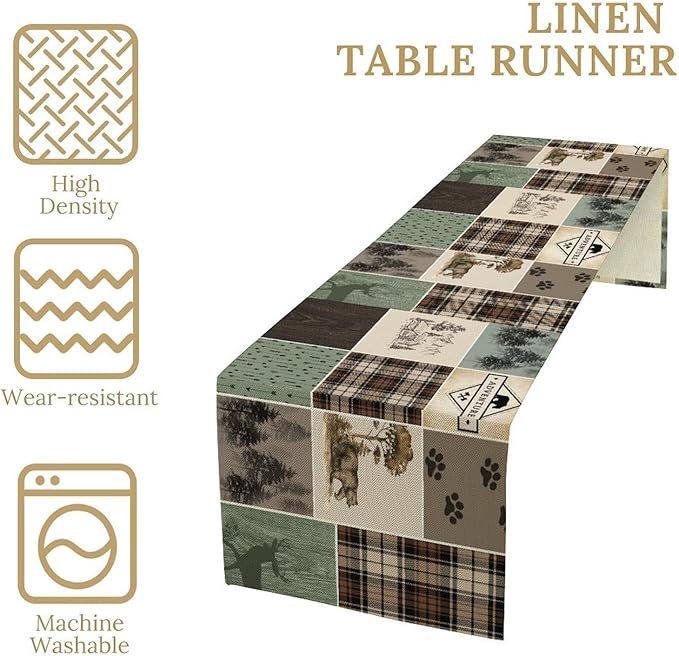 Bear Deer Table Runner,Rustic Lodge Retro Country Farmhouse Buffalo Plaid Print Tablecloth Burlap for Hotel Indoors Outdoor Dining Room Kitchen Home Decor,W13X L36 in
