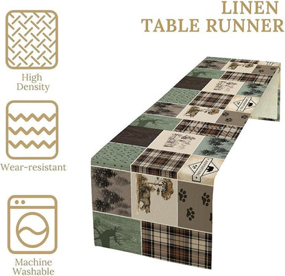 Bear Deer Table Runner,Rustic Lodge Retro Country Farmhouse Buffalo Plaid Print Tablecloth Burlap for Hotel Indoors Outdoor Dining Room Kitchen Home Decor,W13X L36 in