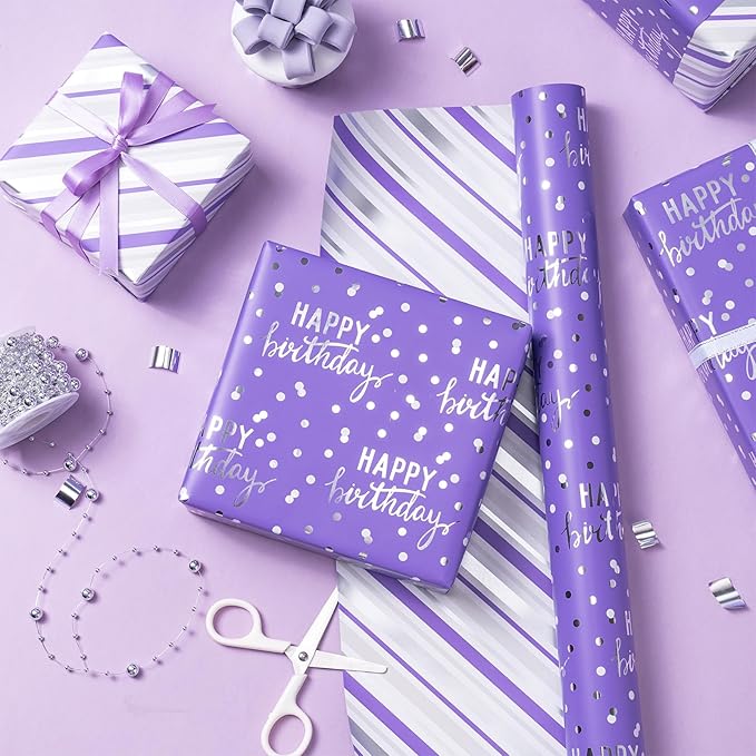 LeZakaa Purple Birthday Wrapping Paper Roll for Girls Women, Happy Birthday Lettering & Stripe Reversible, Metallic Foil, Large Roll, 30 inches x 32.8 Feet (92.9 sq.ft.)