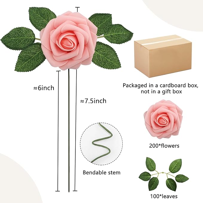 200PCS Artificial Flowers Pink Roses Real Looking Foam Fake Roses with Leaves for DIY Wedding Bouquets Bridal Shower Party Decorations (Pink, 200)