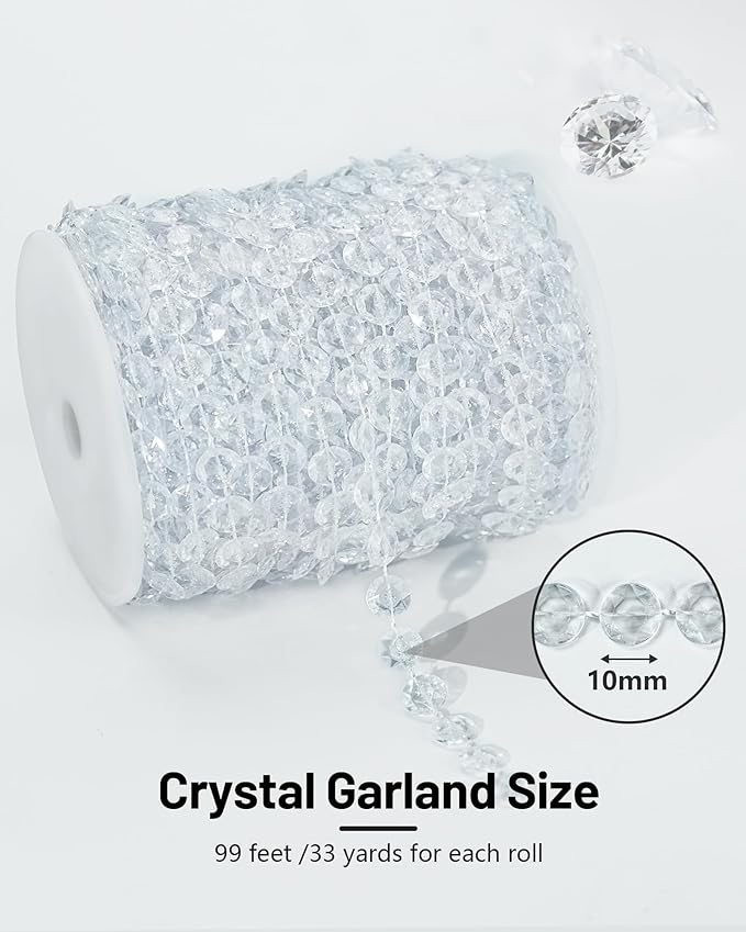 99FT Acrylic Crystal Garland, Clear Diamond-Shaped Crystal Bead Strands, DIY Crystal Beads String Roll for Wedding Decorations Party Decorations Beaded Curtain Crafting Projects