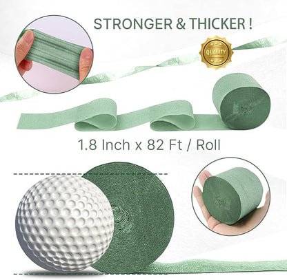 PartyWoo Sage Green Crepe Paper Streamers 4pcs 328ft Pack of Oliver Eucalyptus Green Sand White Crepe Paper Streamers for Birthday Baby Shower Woodland Dinosaur Jungle Football Party Decorations