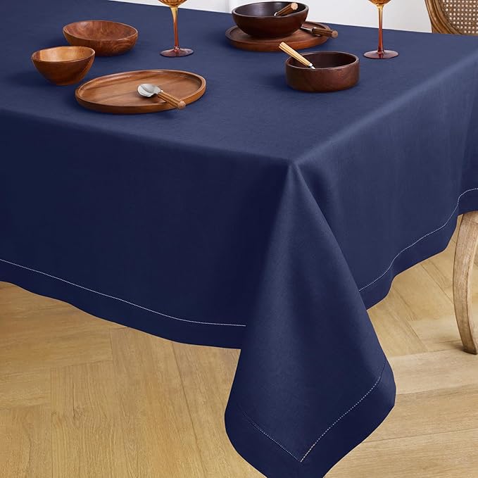 Solino Home Linen Navy Blue Tablecloth 60 x 144 Inch - Classic Hemstitch, 100% Pure Linen Rectangular Tablecloth - Machine Washable Table Cloth for Fall, Autumn, Thanksgiving, Christmas, Holiday