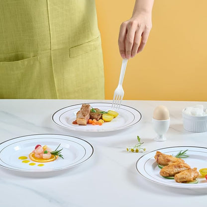 JOLLY CHEF 100 Pieces Silver Plastic Plates, 10 Inch Elegant Disposable White with Silver Rim, Plastic Plates for Dinner, Birthdays and Weddings