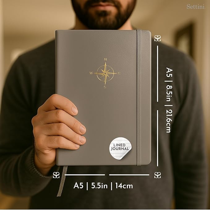 SETTINI Lined Journal, Ideal for Journaling - A5 Vegan Leather Notebook, 192 Archival-Quality Pages, QuillEase Bleed-Free Paper, Inner Pocket & Bookmark - Travel Journal for Men & Women, Grey Compass