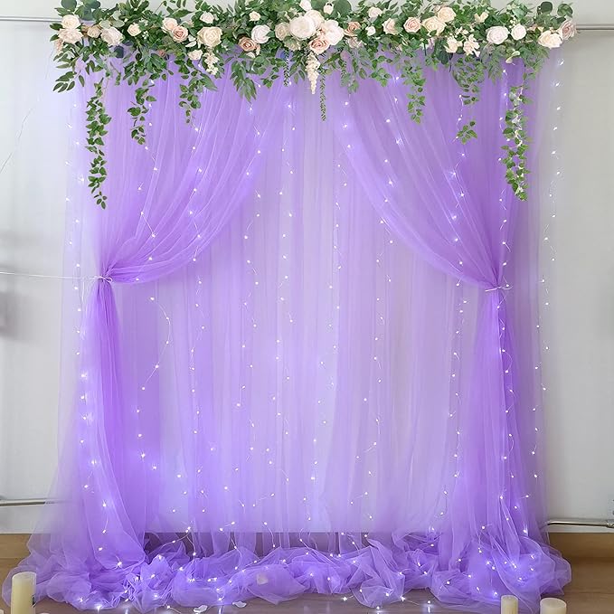 Lavender Tulle Backdrop Curtain with Lights String for Wedding Baby Shower 20×10ft Lavender Sheer Backdrop Curtain for Bridal Shower Birthday Party Photoshoot Background Decorations(4 Panels 5×10ft)