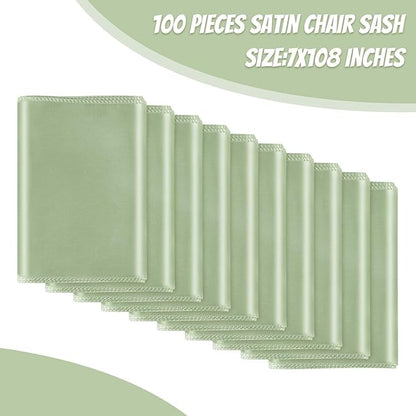 Satin Chair Sashes Bows Universal Chair Ribbon Ties Back Sash for Wedding Party Reception Events Banquets Hotel Event Chair Cover Decoration (7x108 inch) (100, Sage Green)