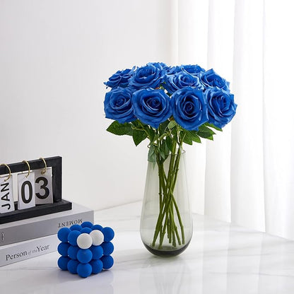 Artificial Rose 10pcs Open Flower Bouquet Faux Rose Stems for Wedding Arrangement, Bridal Bouquet, Centerpiece, Fake Faux Silk Flowers (Royal Blue)