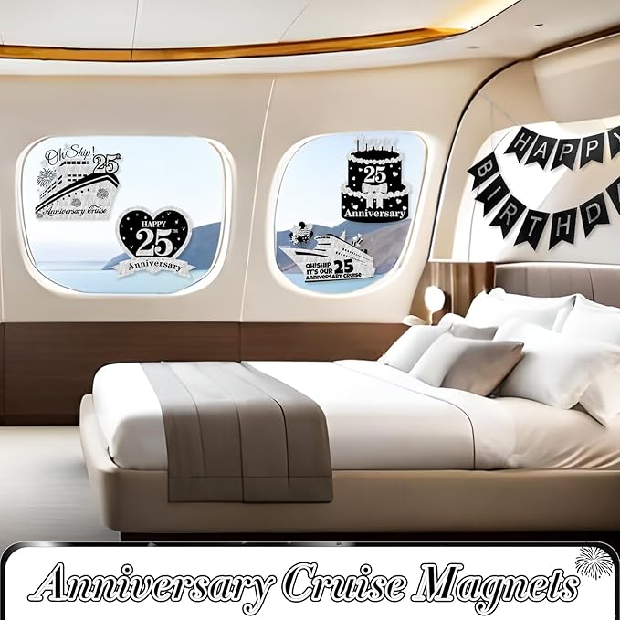 4 PCS Large 25th Anniversary Cruise Door Magnets Decorations Happy 25th Anniversary Cruise Ship Door Decor Magnetic Wedding Magnets Garage Refrigerator Car Magnets for Cabin Stateroom (Black Silver)