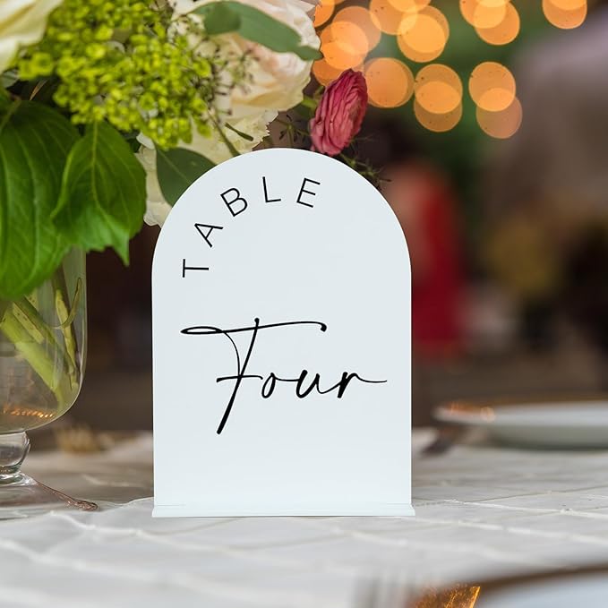 JINMURY White Arch Wedding Table Numbers 1-15 with Stands, 5x7 Inch Acrylic Arch Sign with Black Lettering, White Acrylic Table Numbers for Wedding Reception