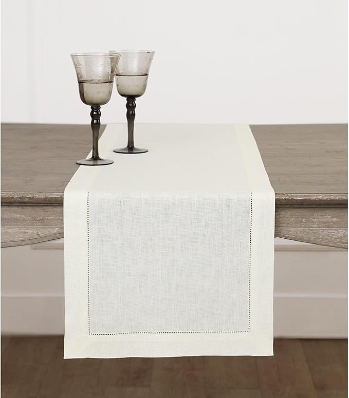 Solino Home Linen Ivory Table Runner 132 Inches Long - 100% Pure Linen Extra Long Table Runner 14 x 132 Inch for Fall, Autumn, Thanksgiving, Christmas - Classic Hemstitch