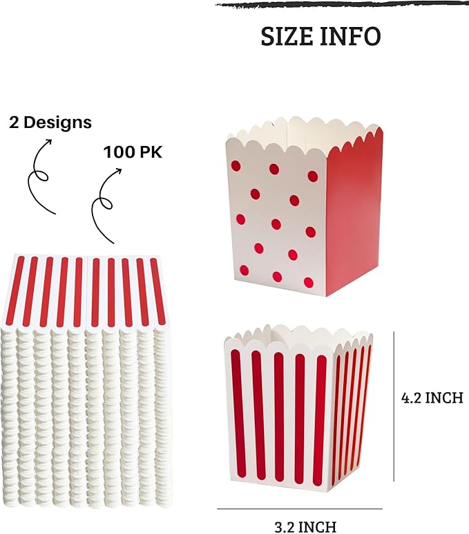Winoo Design 100 PK Mini Popcorn Boxes Bulk Paper Popcorn Bowl Containers Holders for Party, Movie Night Decorations