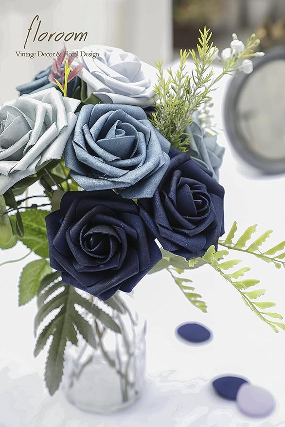 Floroom Artificial Flowers 25pcs Real Looking Blue Ombre Colors Foam Fake Roses with Stems for DIY Wedding Bouquets Bridal Shower Centerpieces Floral Arrangements Party Tables Home Decorations