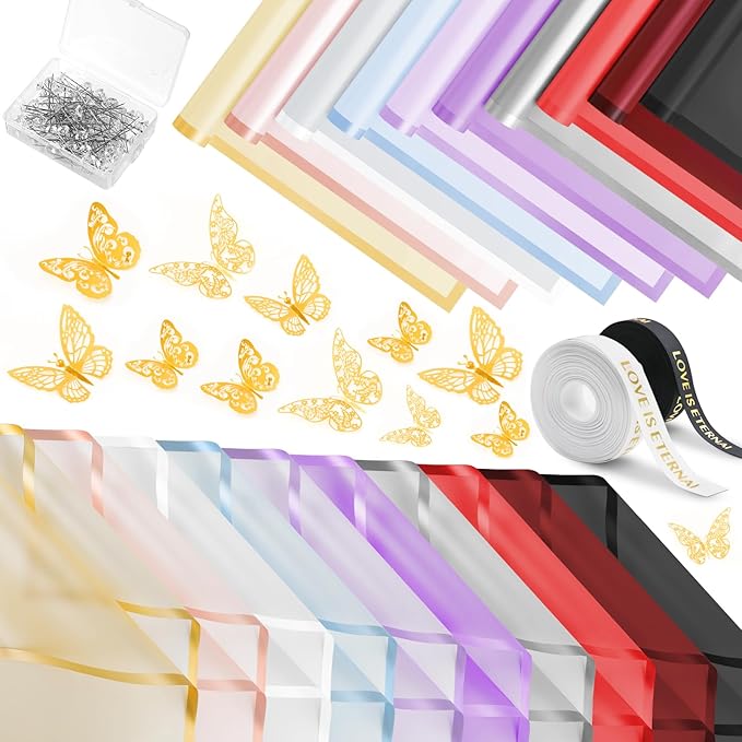 NESCCI 200 Sheets Flower Wrapping Paper - Waterproof Florist Bouquet Paper,70Ft Satin Ribbon, 36 Pcs 3D Butterflies 100 PCS Flower Pins for Wedding Birthday Gift DIY(Translucent Multicolored)