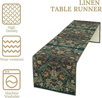 Green Morris Floral Table Runner, Boho Rustic Country Farmhouse Teal Red Rose Pattern for Home Kitchen Table Decor Dining Coffee Room Party Decor 13x72in