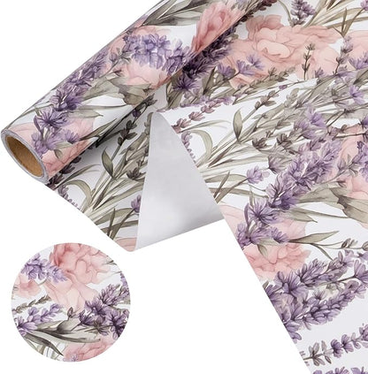 WRAPAHOLIC Kraft Floral Wrapping Paper - Mini Roll - 17 Inch x 16.5 Feet - Purple Lavender Flower Wrapping Paper for Wedding, Birthday, Bridal Shower, Tea Party, Drawer Liners, Home Closet Shelves