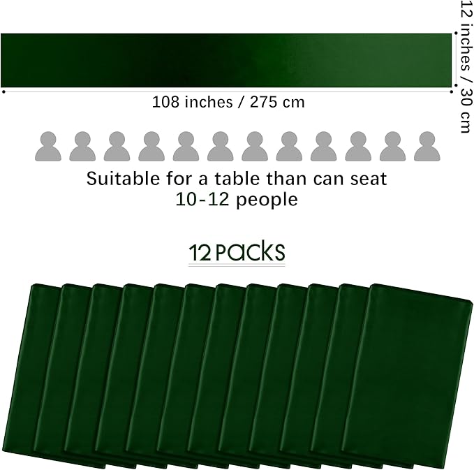 Aneco 12 Pack Satin Table Runner 12 x 108 Inch Forest Green Long Wedding Satin Silk Table Runner for Wedding Banquet Graduations Birthday Party Decoration