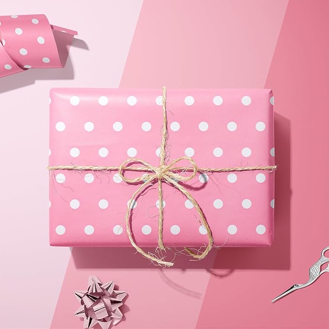 Flyhill Pink Wrapping Paper Roll,Reversible Gift Wrap Paper with Polka Dot Design for Girls,Birthday,Wedding,Baby Shower,All Holidays(17 Inch X 32.8 Feet)