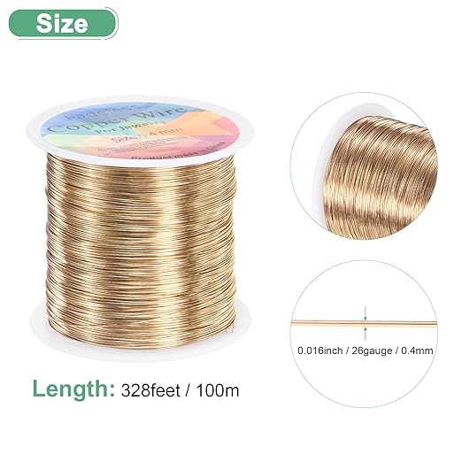 0.4mm Jewelry Wire, 26 Gauge 328FT Craft Wire Copper Beading Wire for Jewelry Making/Planting/Weaving/DIY Crafting, Soft Metal Wires [100M, Champagne Gold]
