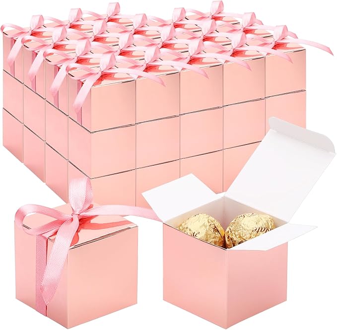 EUSOAR Candy Boxes Party Favors, 60pcs 2x2x2 Inches Small Gift Boxes Wedding Candy Box with Ribbons, Mini Bakery Cookies Box Square Chocolate Containers for Anniversary Bridal Party Favor Decoration