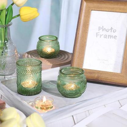 DARJEN 12Pcs Green Votive Candle Holders - Glass Tea Light Candle Holder for Wedding Shower, Candle Holder Bulks for Wedding & Home Table Decor, Vintage Parties Gifts