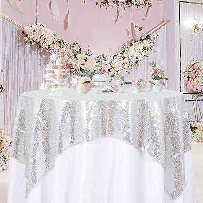 ShinyBeauty Silver Tablecloths 36X36 Inch 2 Pieces Sequin Table Cloth for Party Sparkle Table Cloths Square Small Grey Shimmer TableclothOverlay for Wedding Birthday Cake Tables