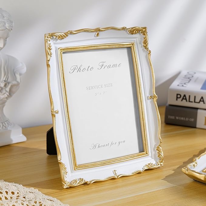 Cuspin Vintage Picture Frame 5x7 Gold Frames, Ornate White and Gold Textured Hand-Crafted Resin Frame with Glass Front, 5 by 7 Antique Photo Frames for Tabletop Display