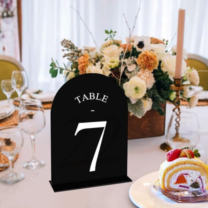 JOYIT Arch Wedding Table Numbers 1-50 with Stands Double-Sided Printed 5" X 7" Acrylic Table Signs with Black Background White Text, Perfect for Wedding Receptions, Parties