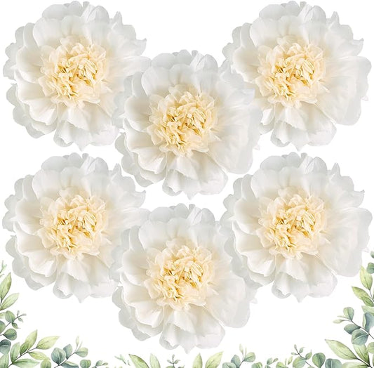 SUNBEAUTY 6 Pcs White Giant Paper Flowers Decorations 12" Large Tissue Artificial Crepe Paper Flowers for Party Wedding Wall Table Birthday Baby Shower Bridal Nursery Room Tea Party Backdrop Decor