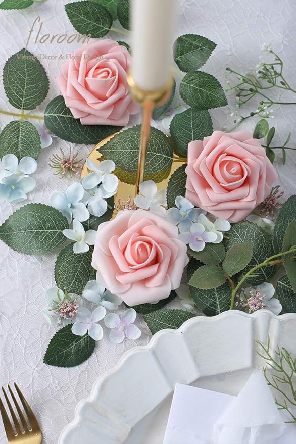 Floroom Artificial Flowers 25pcs Realistic Peach Pink Foam Fake Roses with Stems for DIY Wedding Bouquets Bridal Shower Centerpieces Floral Arrangements Party Tables Home Decorations