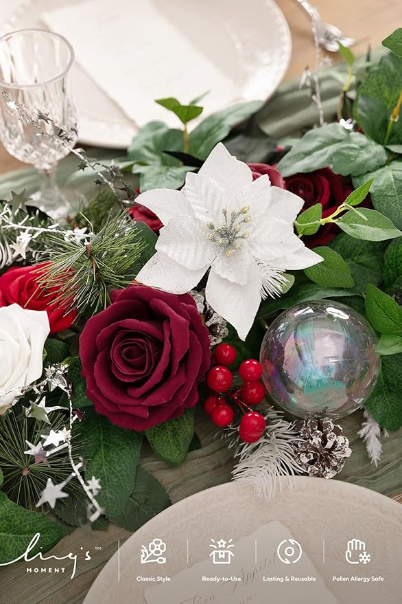 Ling's moment Eucalyptus Garland with Flowers 6FT，Table Runner with Flowers Marsala Mantle Decor Handcrafted Wedding Centerpieces for Rehearsal Dinner Bridal Shower | Red & White