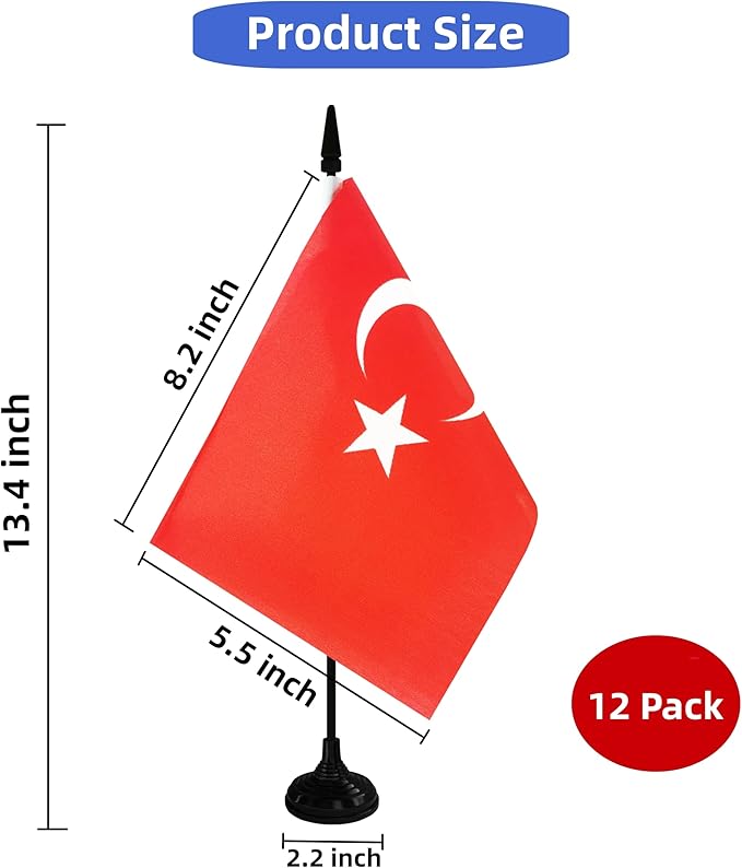 Turkey Desk Flag, 12 Pack Turkish Table Office Flag with Black Solid Pole and Stand Base, International Country Flag, Festival Celebration, Classroom Meeting Desktop Decor (Turkey)