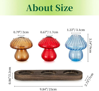Glass Propagation Station for Plant: Mushroom Planter with Wooden Stand for Home Office Decor - Unique Propagation Jars for Plant Lovers - Set of 3 Hydroponic Mushroom Vases Gift for Mom