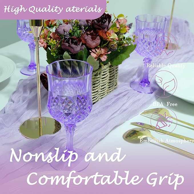 Plastic Wine Glasses，Plastic Goblets Vintage Style Cordial Drinking Glasses for Wedding Reception, Grand Event Party Supplies (12, Purple)