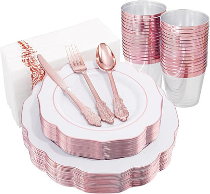 NOCCUR 175PCS Rose Gold Plastic Plates with Disposable Silverware - Include 25Dinner Plates, 25Dessert Plates, 25Forks, 25Knives, 25Spoons, 25Cups, 25Napkins for Wedding&Party